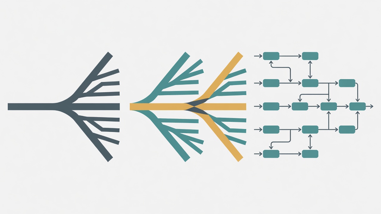 Flat vector illustration of branching scene strips comparing time-cave expansion, branch-and-bottleneck foldback, and state-tracked narrative nodes