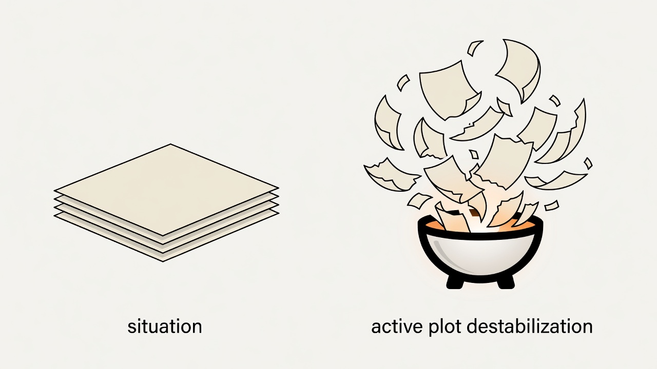 Flat vector illustration of a manuscript concept sheet showing situation versus active plot destabilization
